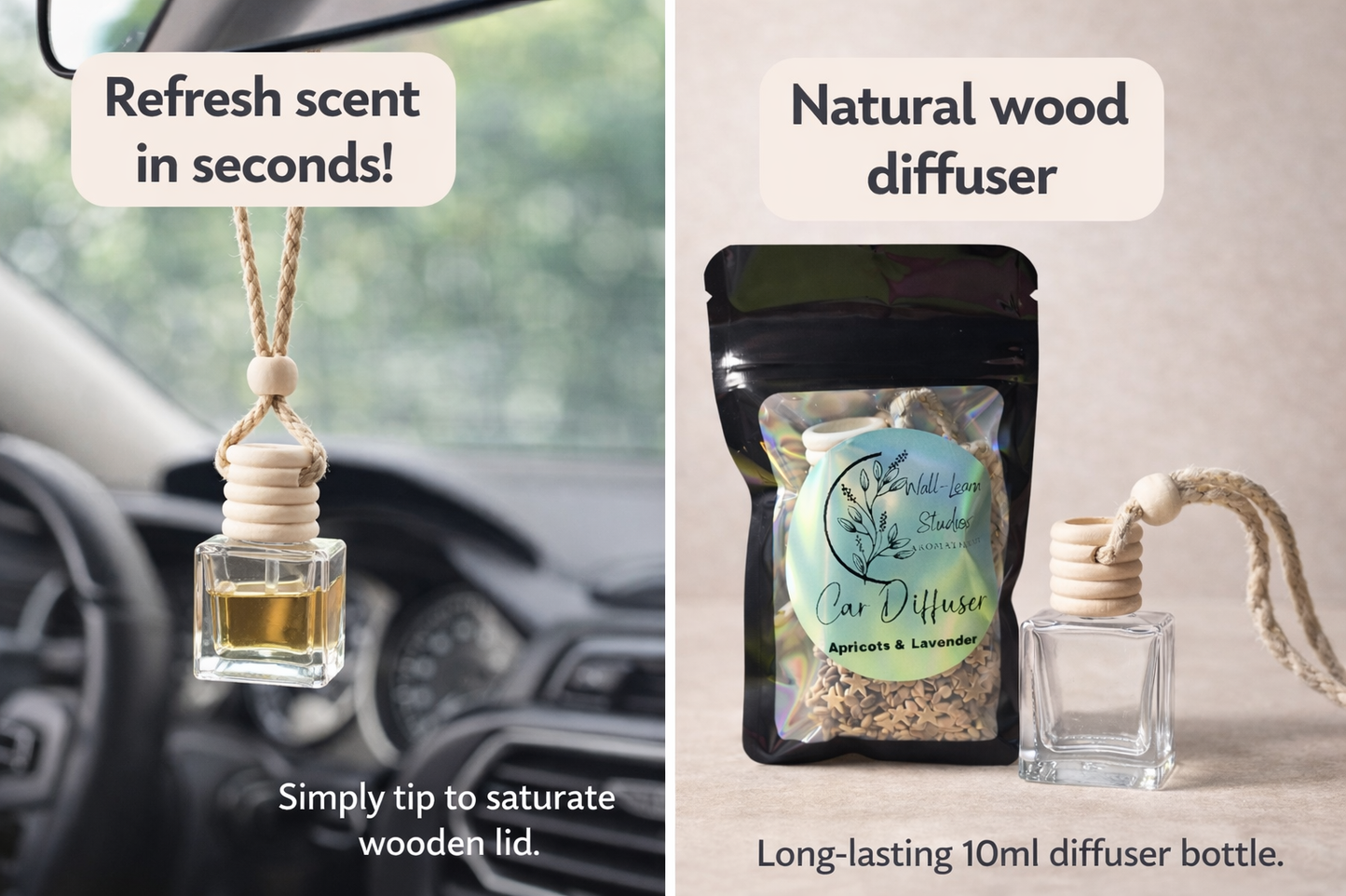 Car Diffuser Hanging Air Freshener | Apricot Lavender Car Scent | Rearview Mirror Diffuser | Natural Wood Oil Diffuser | 10ml Car Fragrance with REFILL