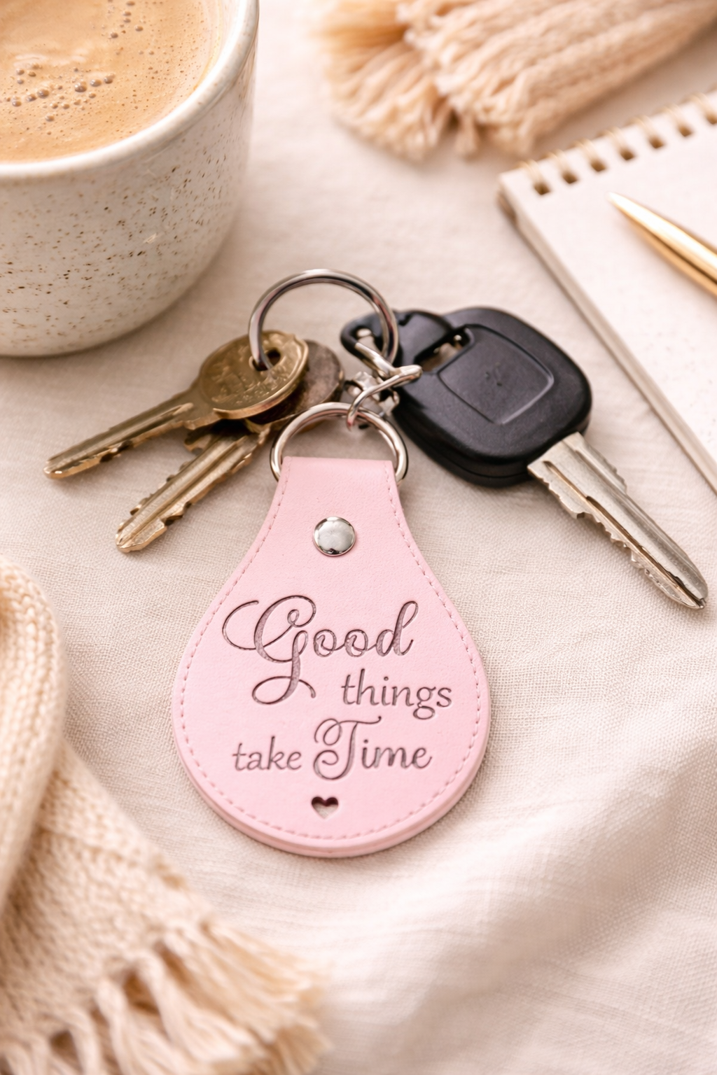 Inspirational Keychain, Good Things Take Time, Engraved Leather Keychain, Gift for Her, Positive Quote, Cute Pink Keychain