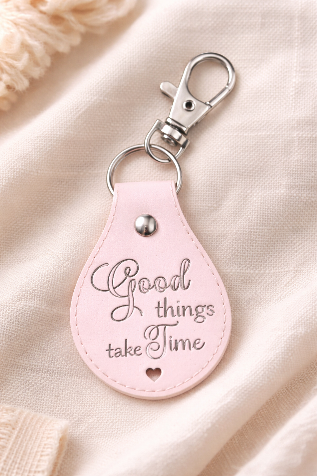 Inspirational Keychain, Good Things Take Time, Engraved Leather Keychain, Gift for Her, Positive Quote, Cute Pink Keychain